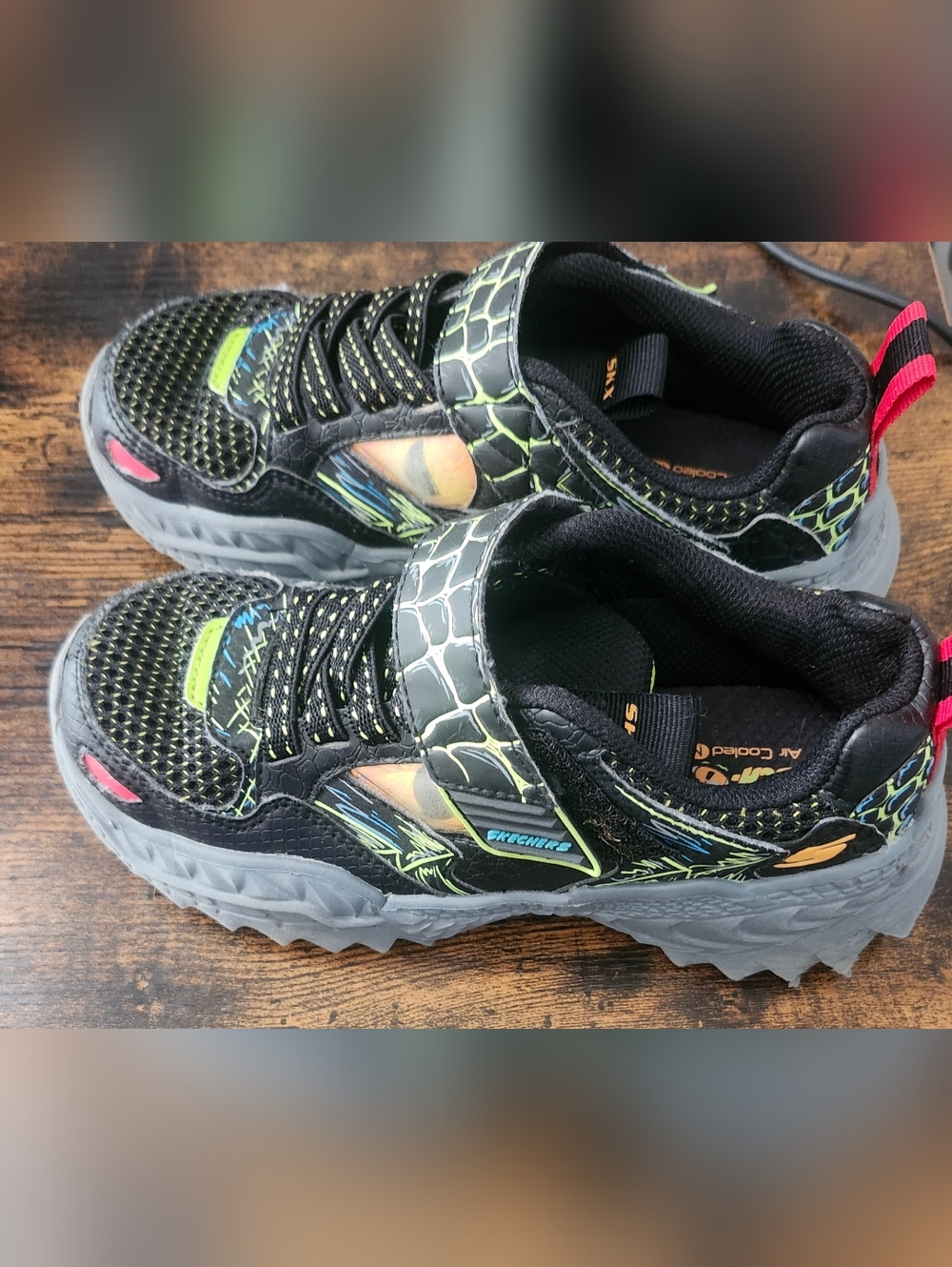 Skechers Light-Up Sneakers Kids Size 13 Black Green Hook & Loop